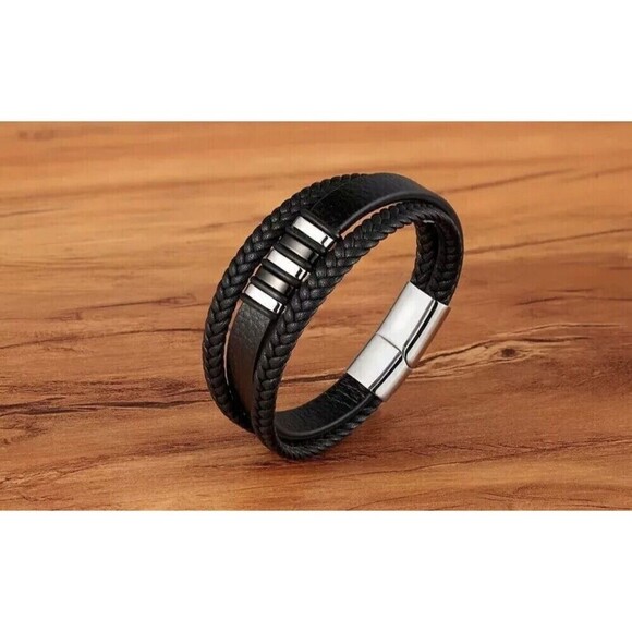 Men's Vegan Leather Wrap Braided Bracelet Bangle Titanium Steel Magnetic Clasp - Picture 2 of 2